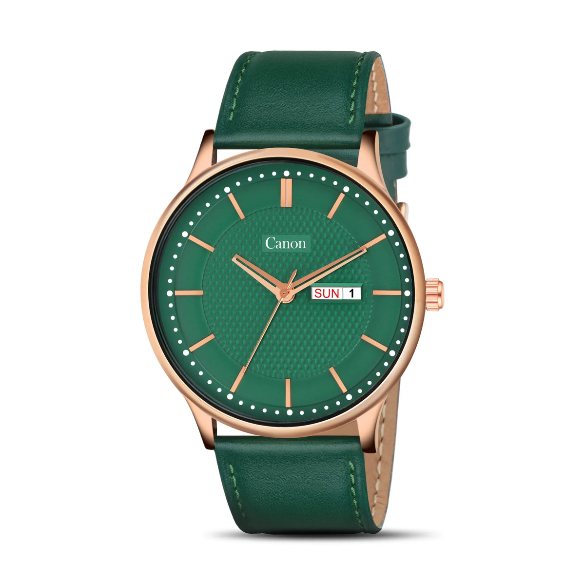 Green analog wristwatch with gold case, date display, and green leather strap