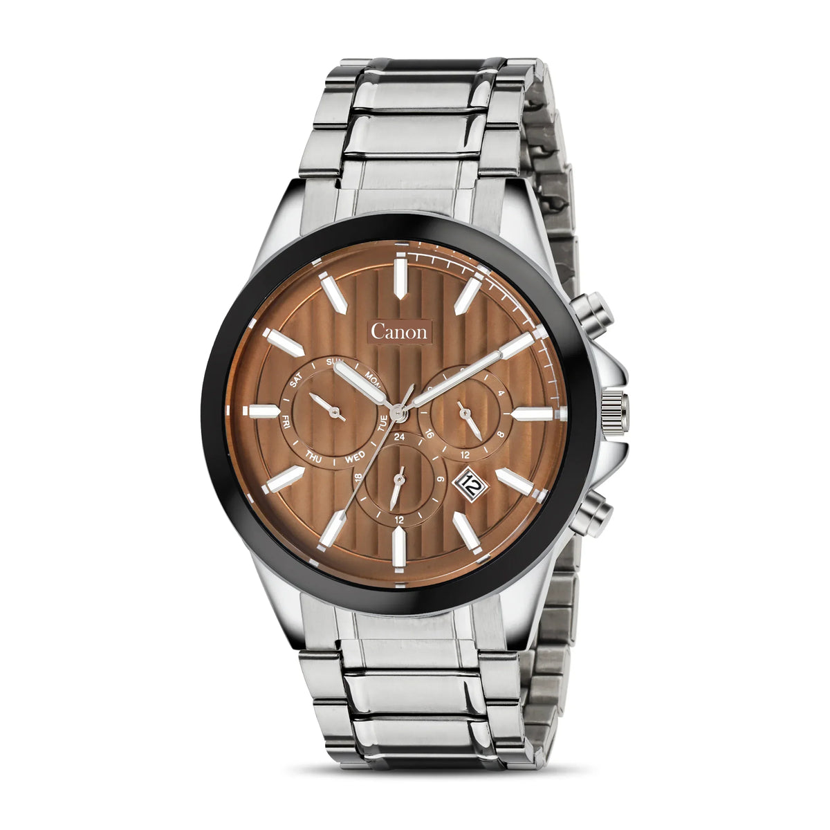 Men's analog wristwatch with brown dial, silver metal band, date and subdials