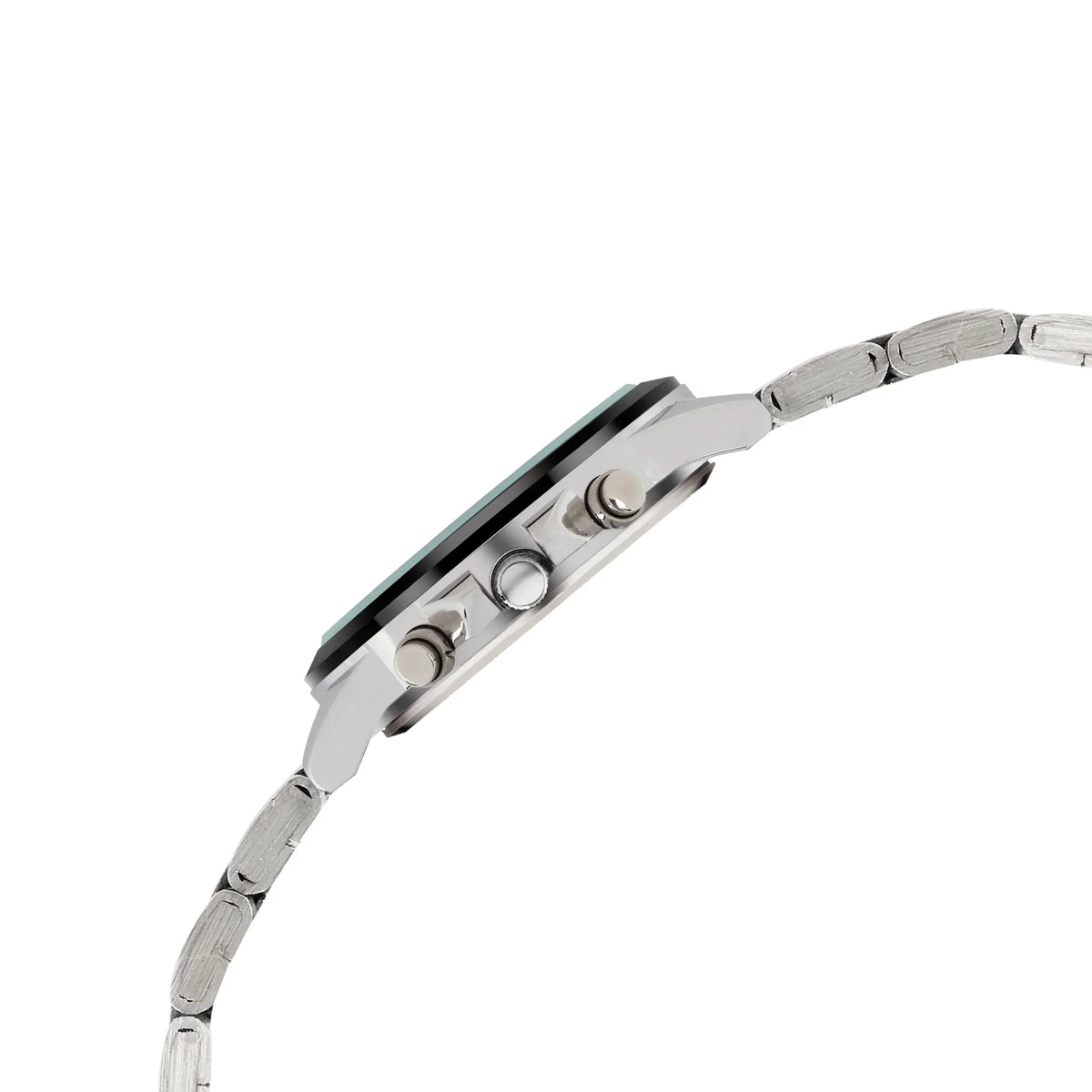 Slim analog silver watch side view with metal bracelet and chronograph buttons