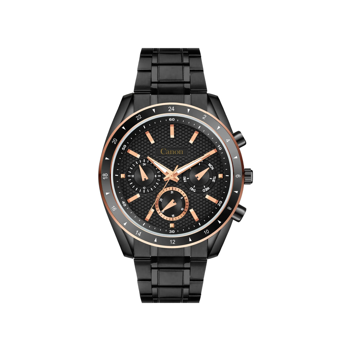 Men’s black and rose gold analog chronograph watch with metal band and textured dial