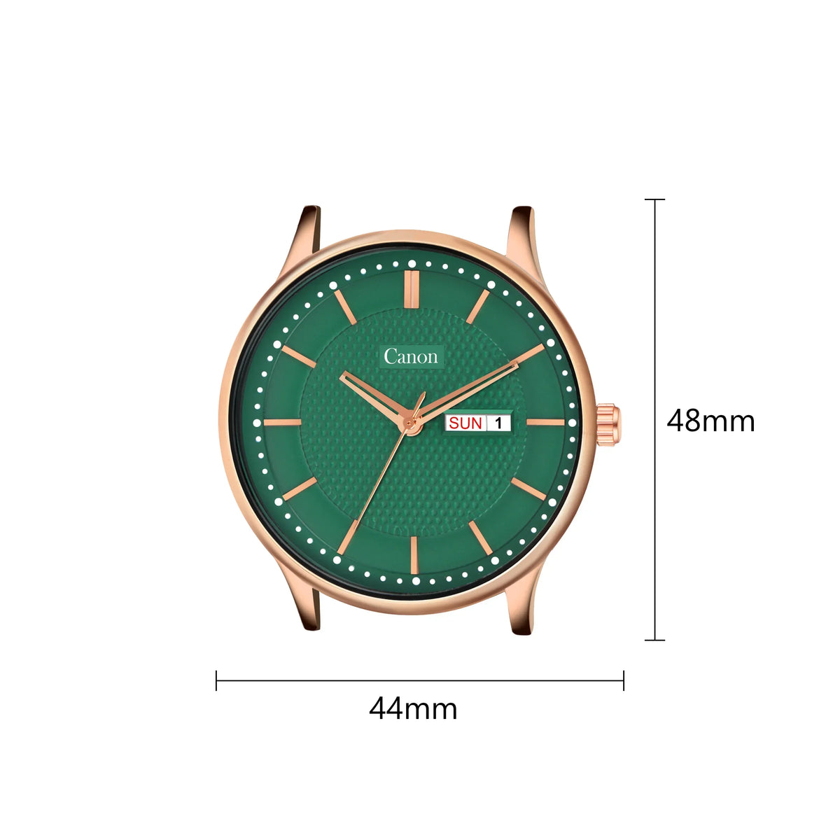 Green analog watch face with gold markers, date display, and 44mm by 48mm dimensions.
