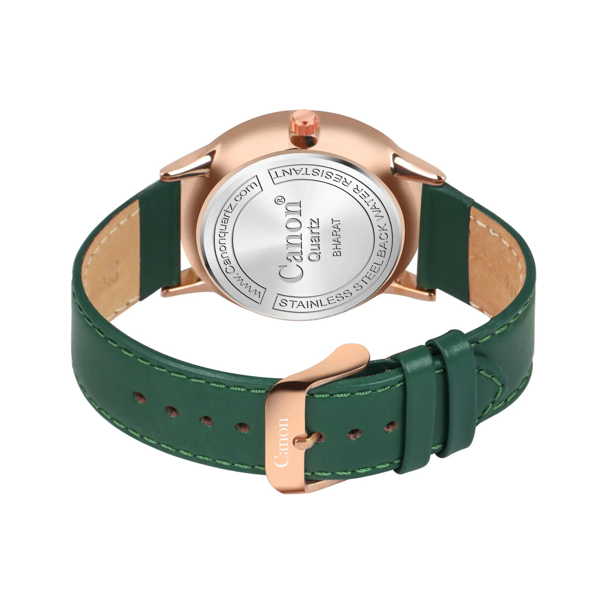 Back view of analog wristwatch with green leather strap and rose gold buckle