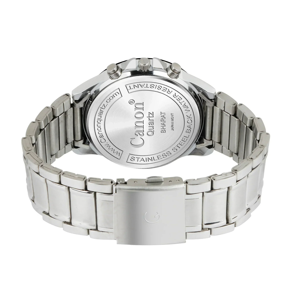 Stainless steel analog watch back view with metal strap and water resistant marking