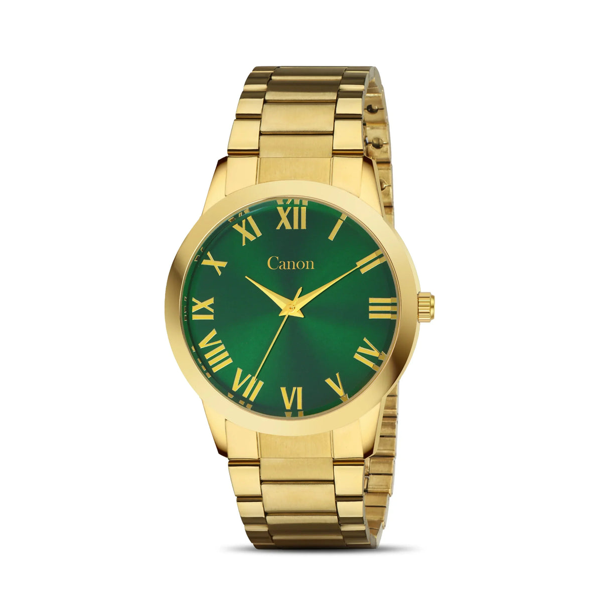Gold analog wristwatch with green dial and Roman numerals, classic men's watch design.