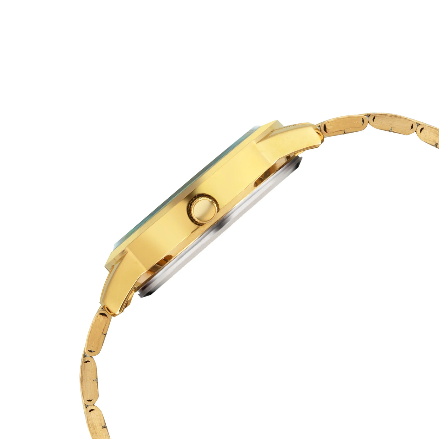 Side view of gold wristwatch with linked metal bracelet and crown on white background