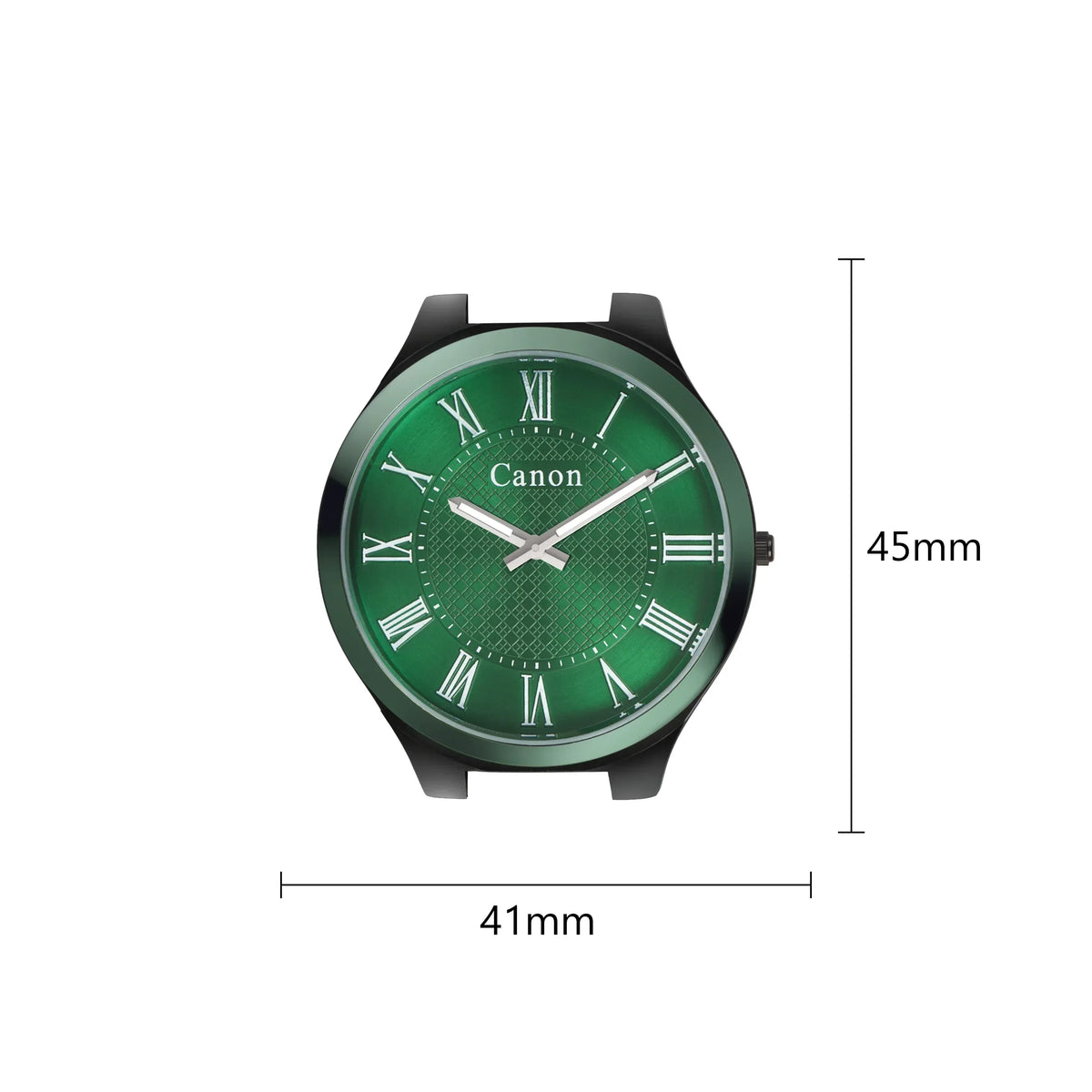 Green dial analog watch with Roman numerals, 45mm case, black strap, Canon brand visible