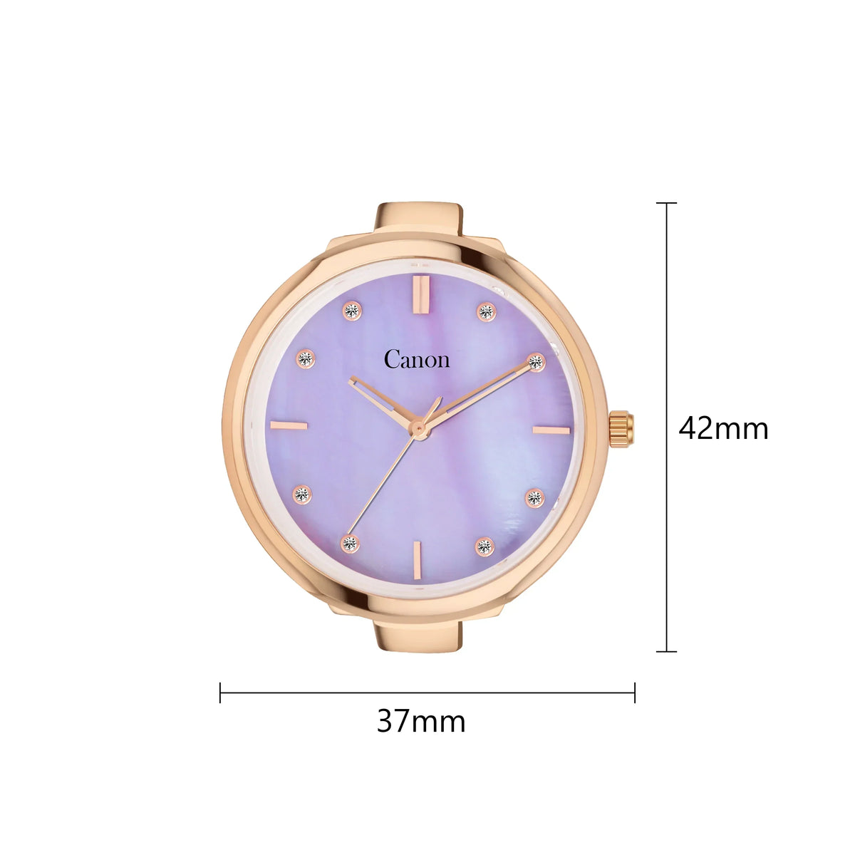 Rose gold analog watch with purple dial, crystal markers, 42mm by 37mm case size.