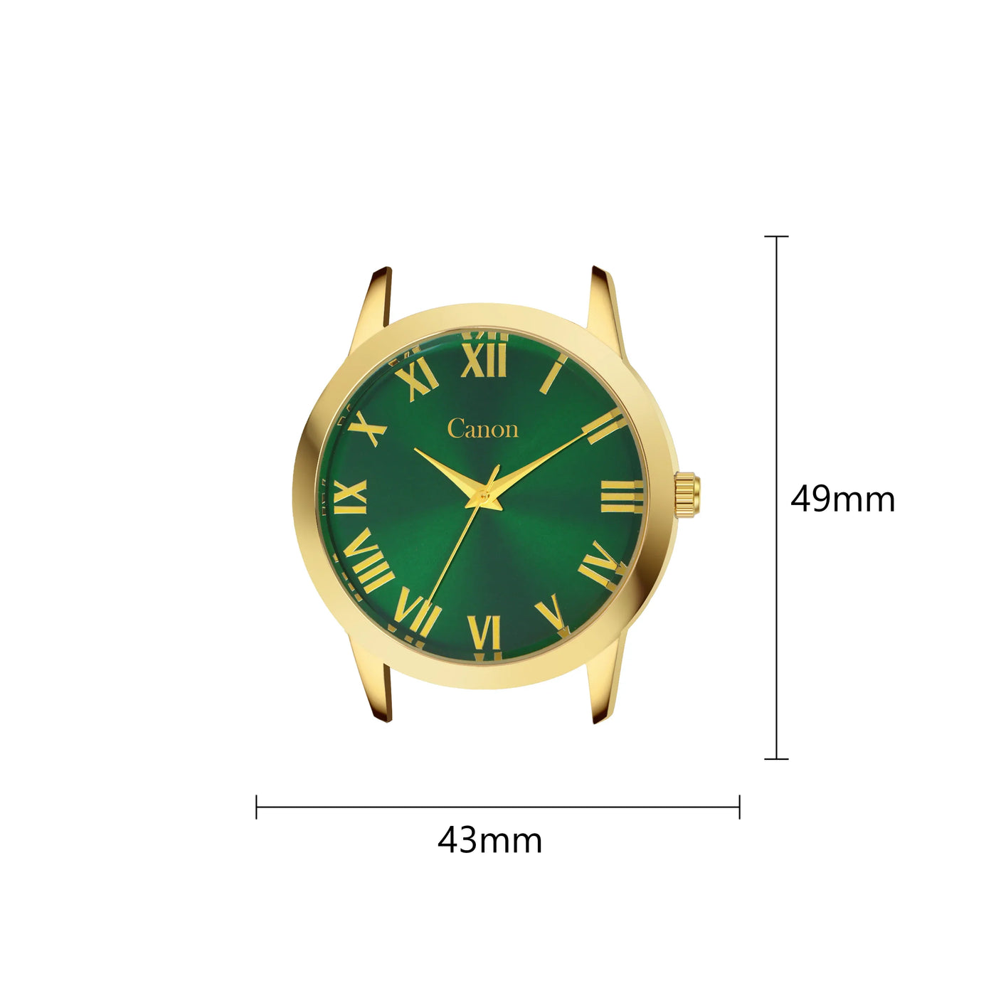 Gold case wristwatch with green dial, Roman numerals, and 43mm width by 49mm height dimensions