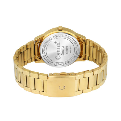 Back view of gold-tone Canon Quartz wristwatch with stainless steel water-resistant case
