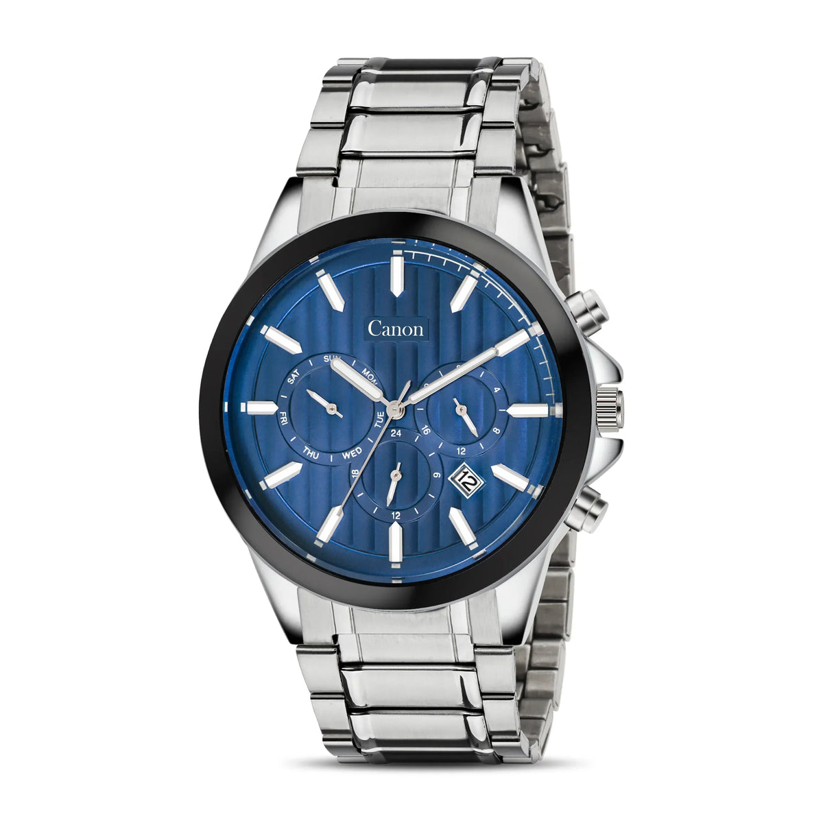 Men's stainless steel analog watch with blue dial, date display, and subdials