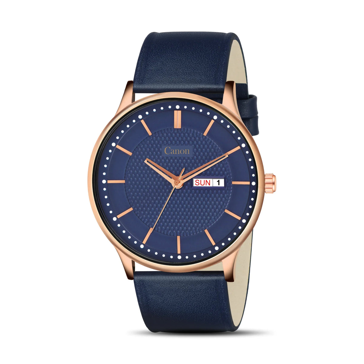 Men's analog watch with blue leather strap, blue dial, rose gold case, and day-date display