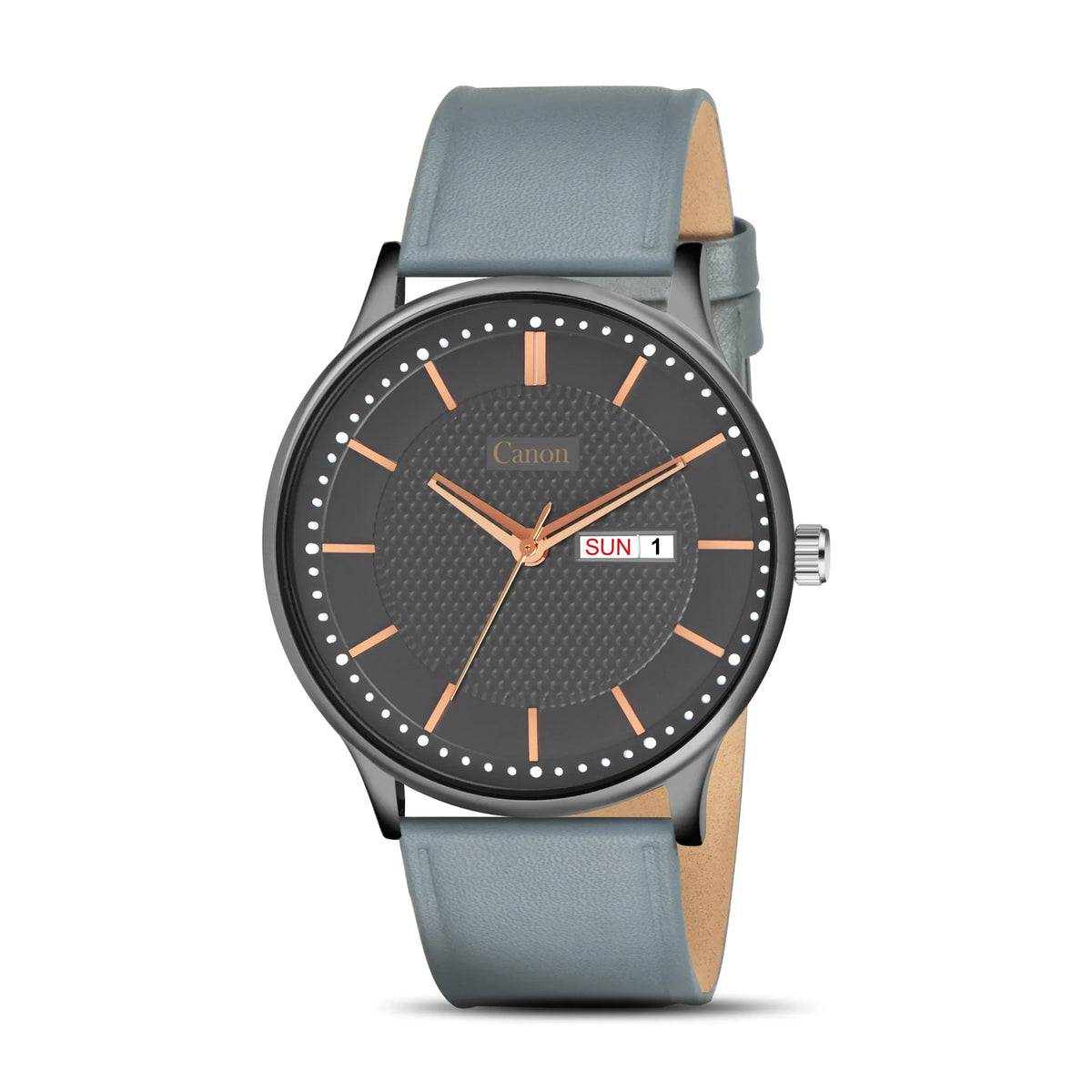 Men's analog watch with black textured dial, rose gold markers, grey leather strap, day-date display
