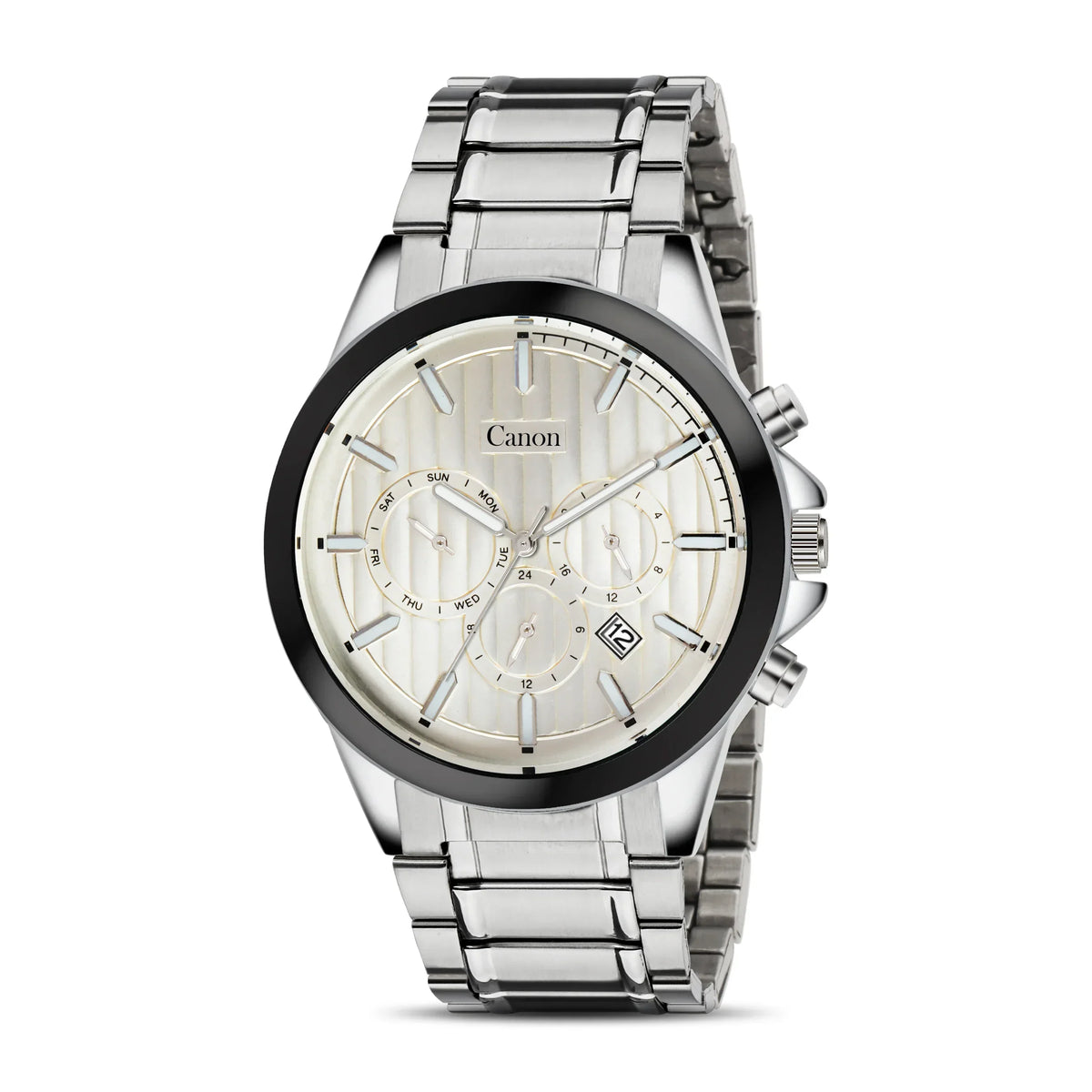 Silver analog men's watch with date display, multiple subdials, and stainless steel band