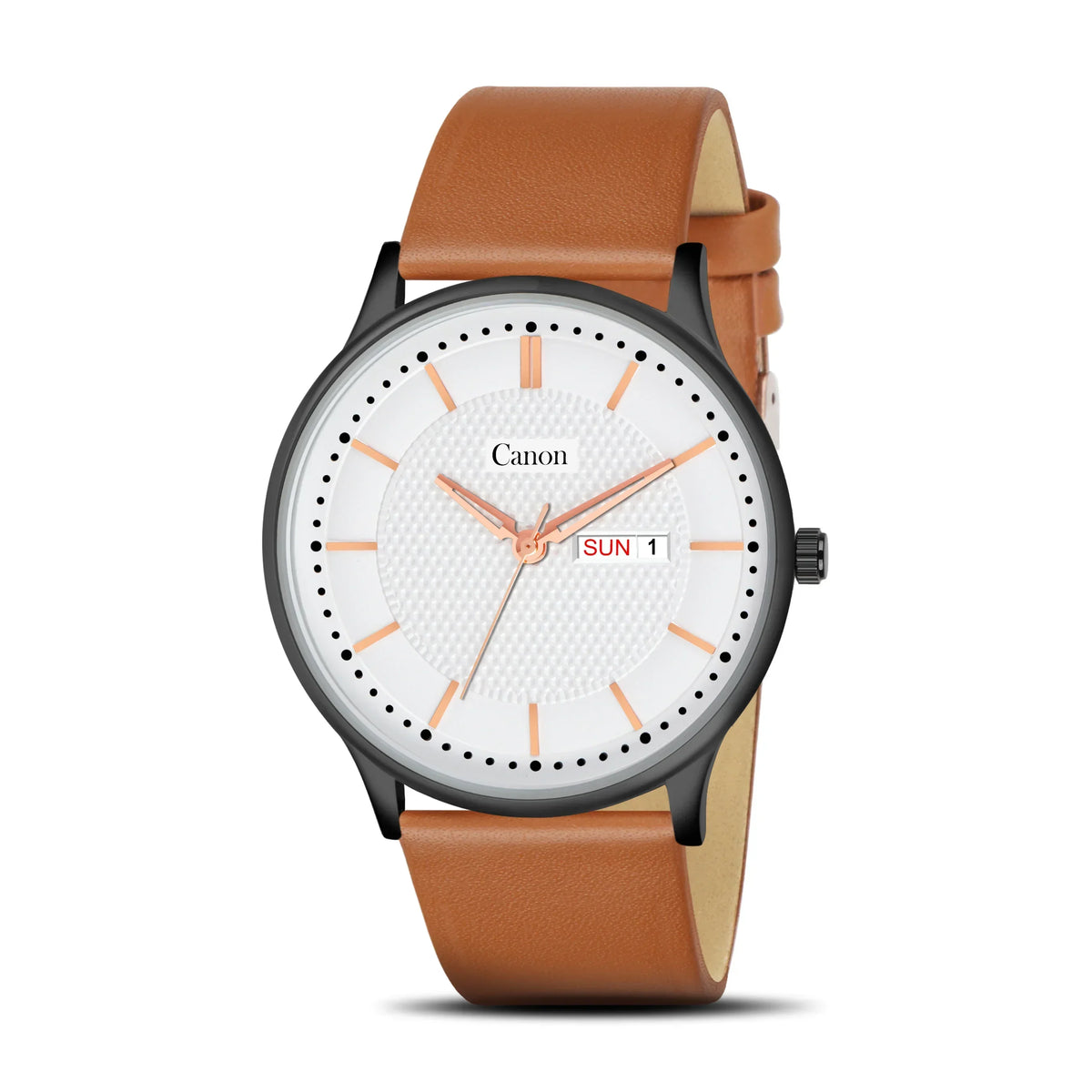 Analog men's watch with white textured dial, rose gold markers, brown leather strap, day-date display