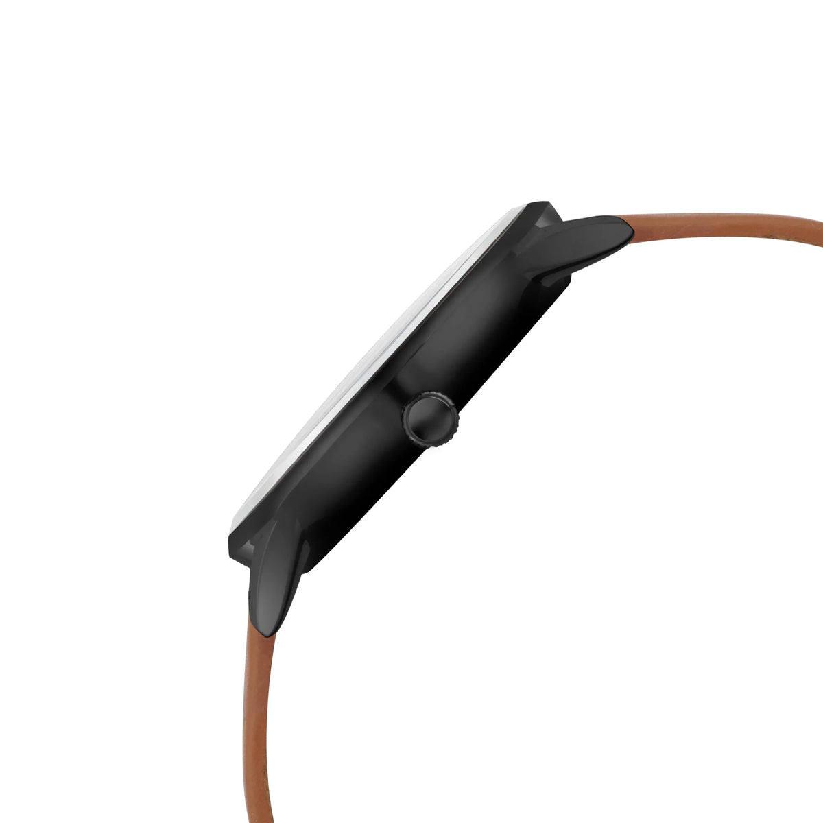 Side view of a black analog watch case with brown leather strap, minimalist design