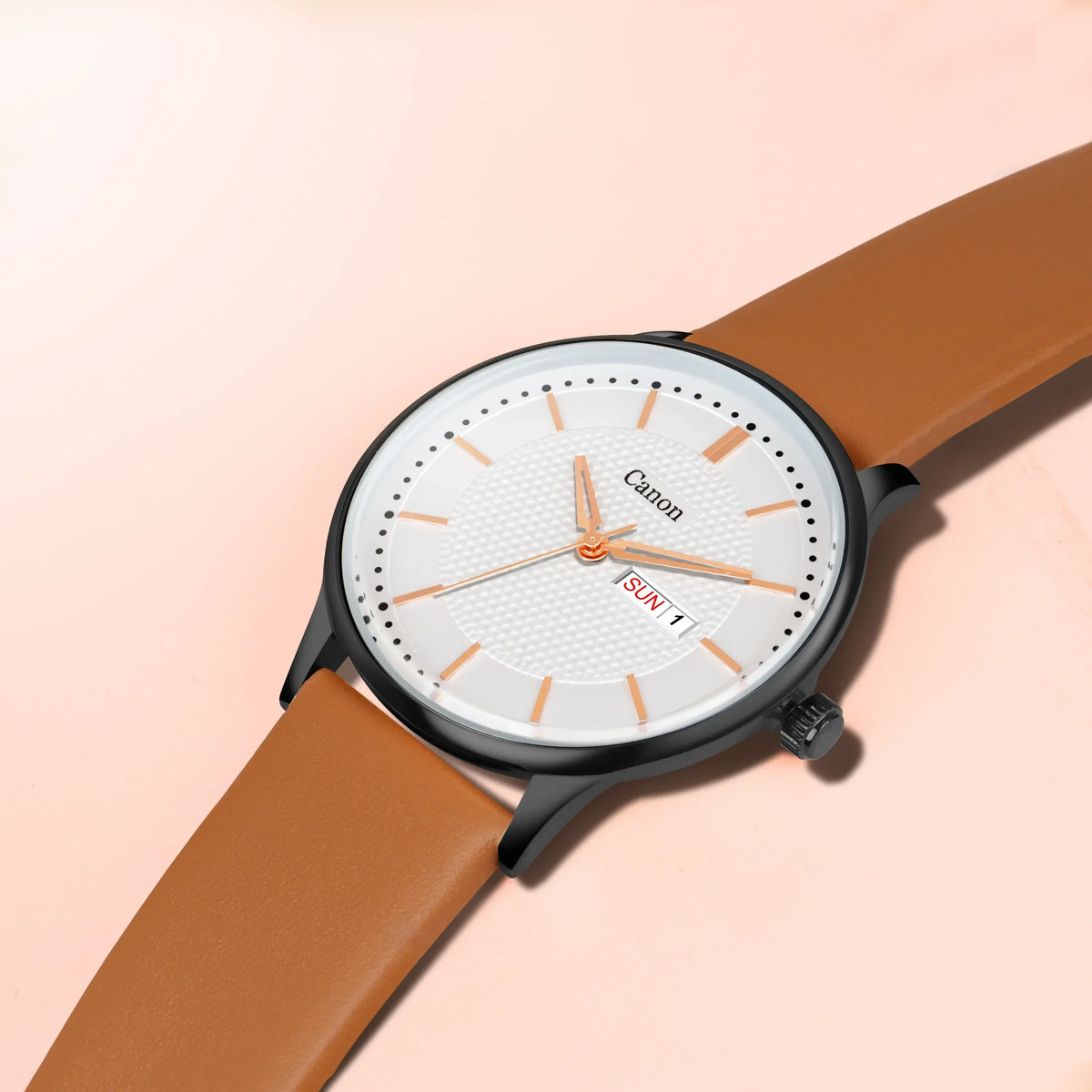 Analog men's watch with brown leather strap, white dial, day-date display on pastel background