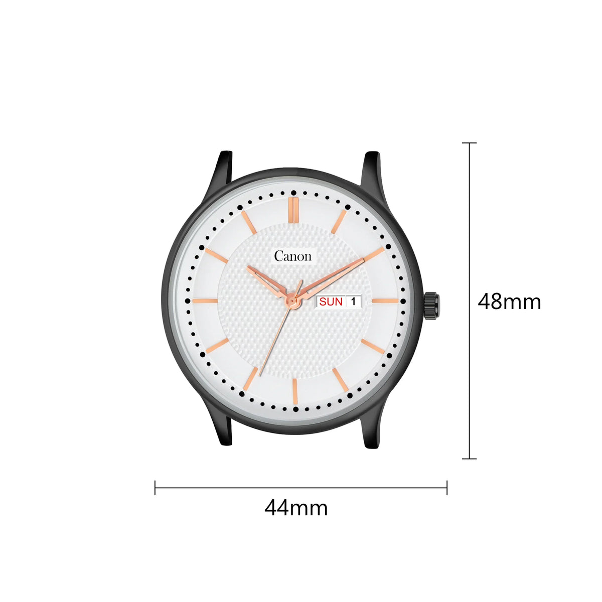Round analog watch face with day-date display, rose gold accents, 44mm width, 48mm height