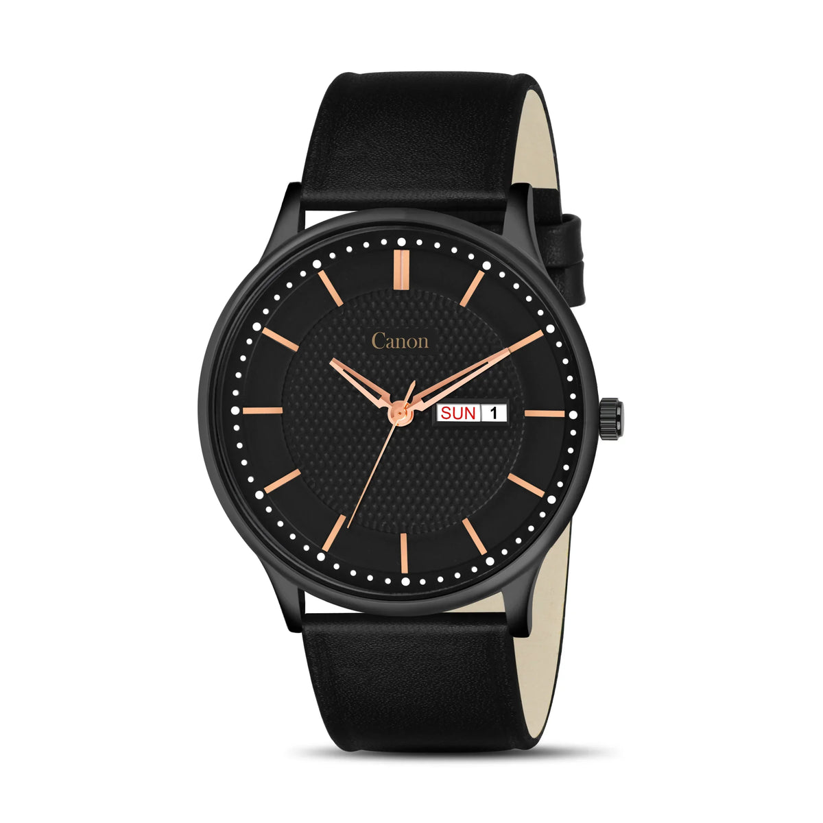 Men's analog watch with black leather strap, black dial, rose gold markers, and date display.