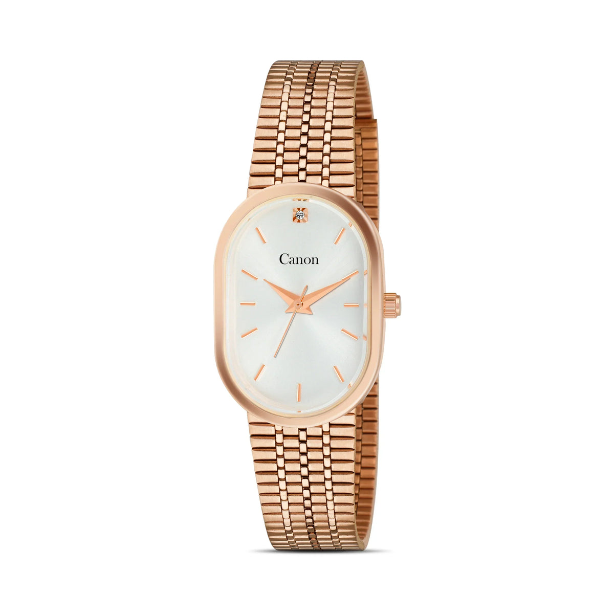 Rose gold analog wristwatch with rectangular dial and metal strap on white background