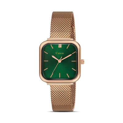 Rose gold mesh band wristwatch with square green dial and minimalist design