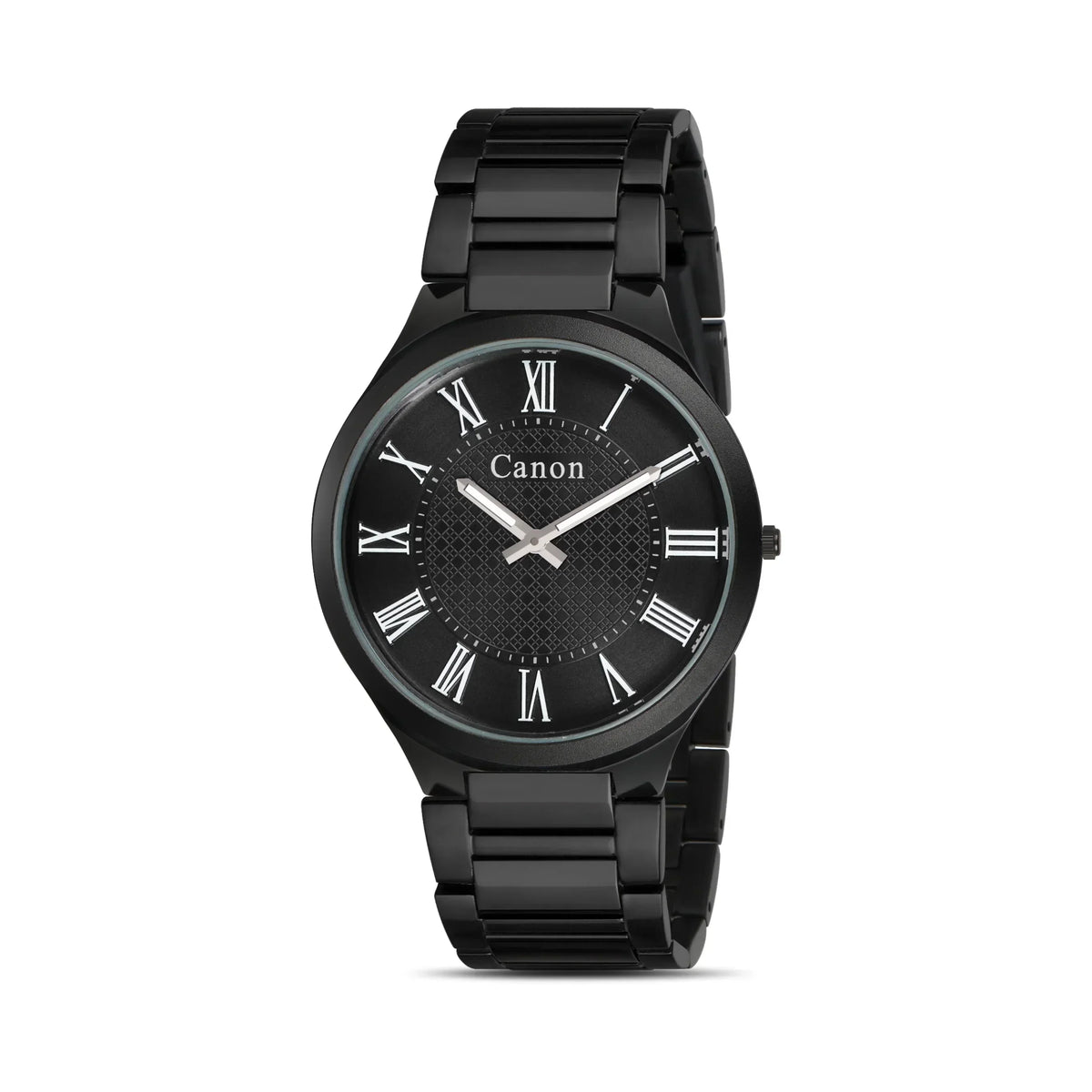 Black analog watch with Roman numerals, metal band, and Canon logo on dial