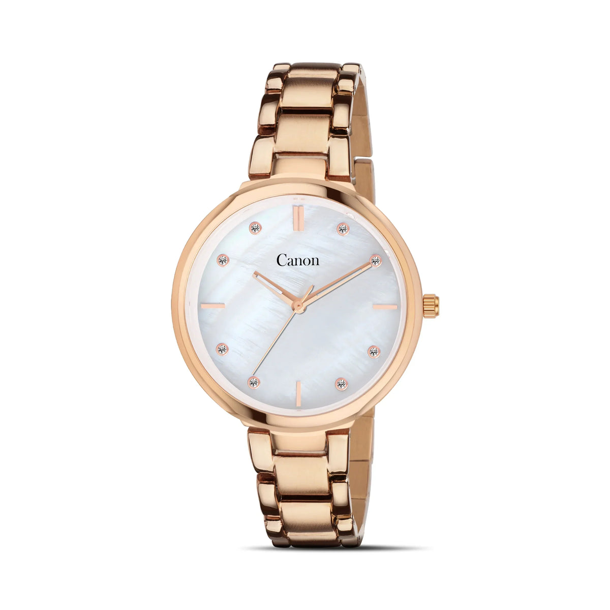 Rose gold analog watch with white dial and metal bracelet for women, minimalist style