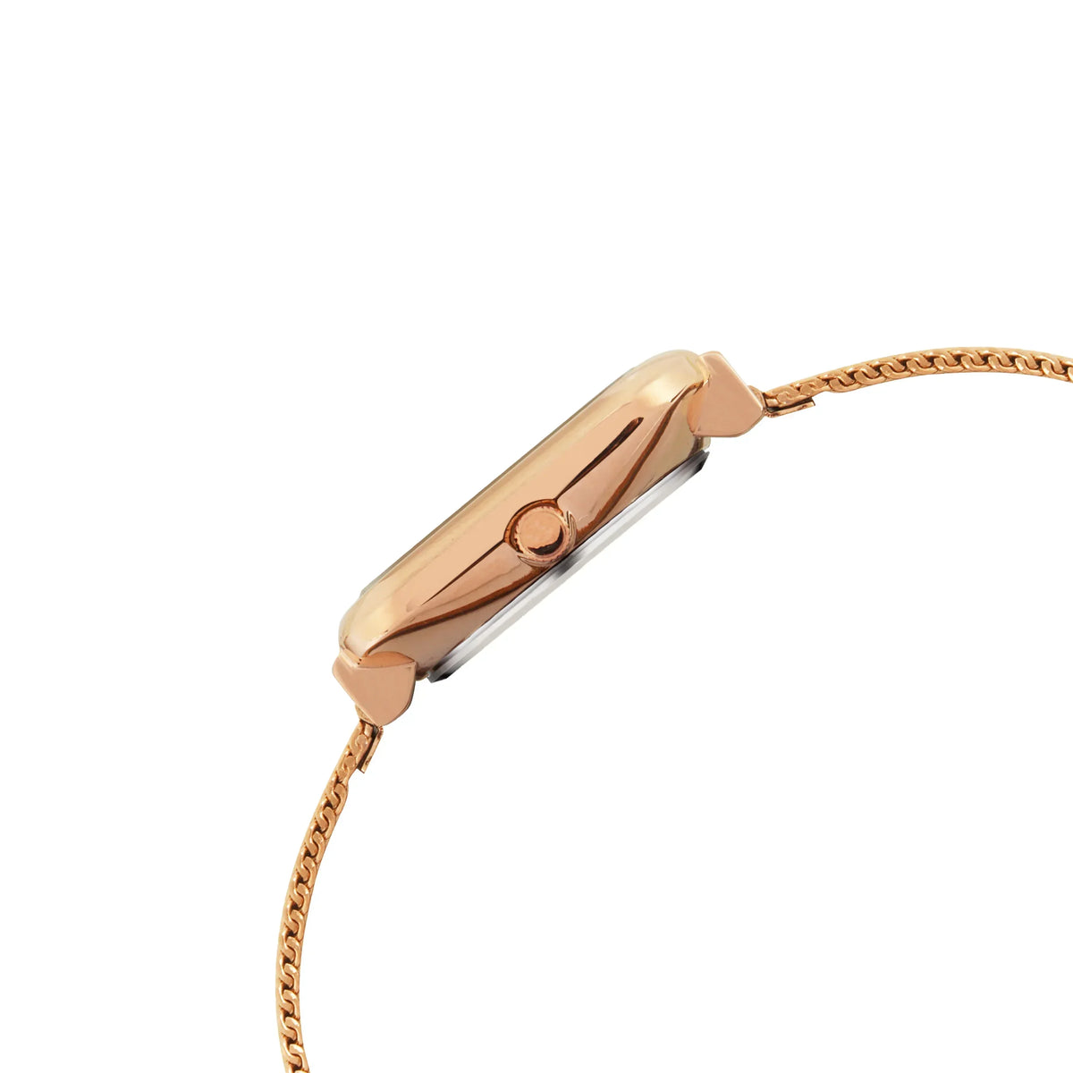 Side view of a slim rose gold analog wristwatch with mesh strap on white background
