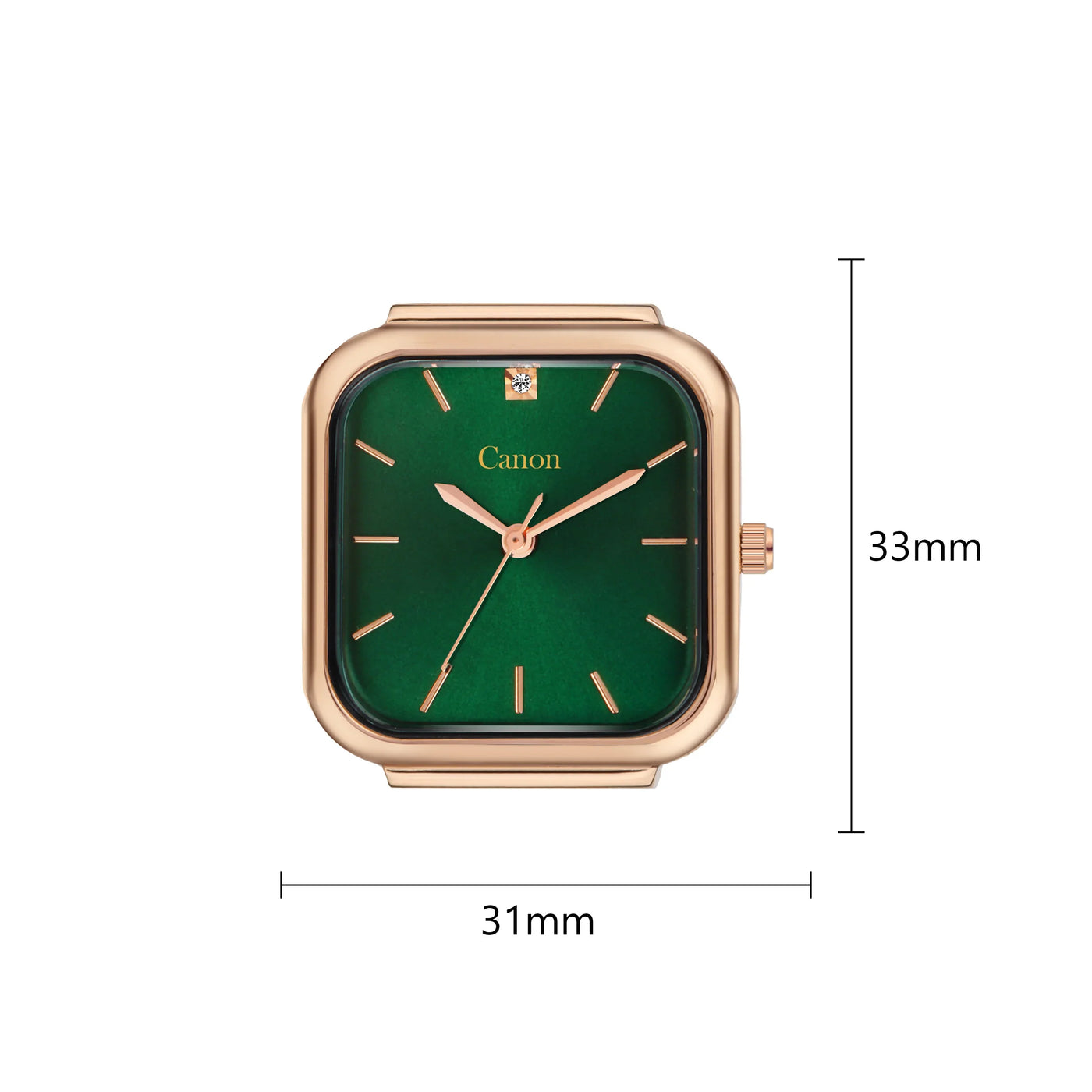 Square rose gold wristwatch with green dial, gold markers, diamond at 12 o'clock, 33x31mm size