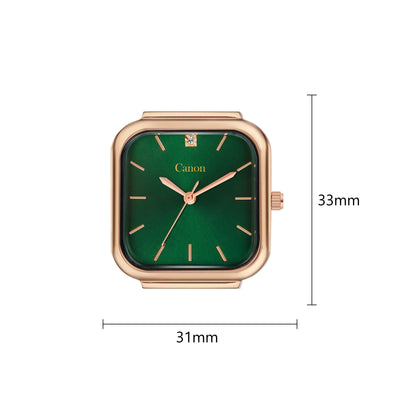Square rose gold wristwatch with green dial, gold markers, diamond at 12 o'clock, 33x31mm size