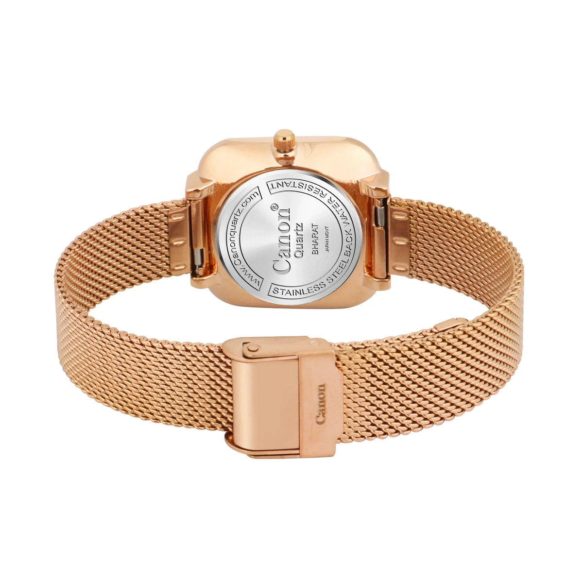 Rose gold mesh band analog watch with stainless steel back and clasp, shown from rear angle