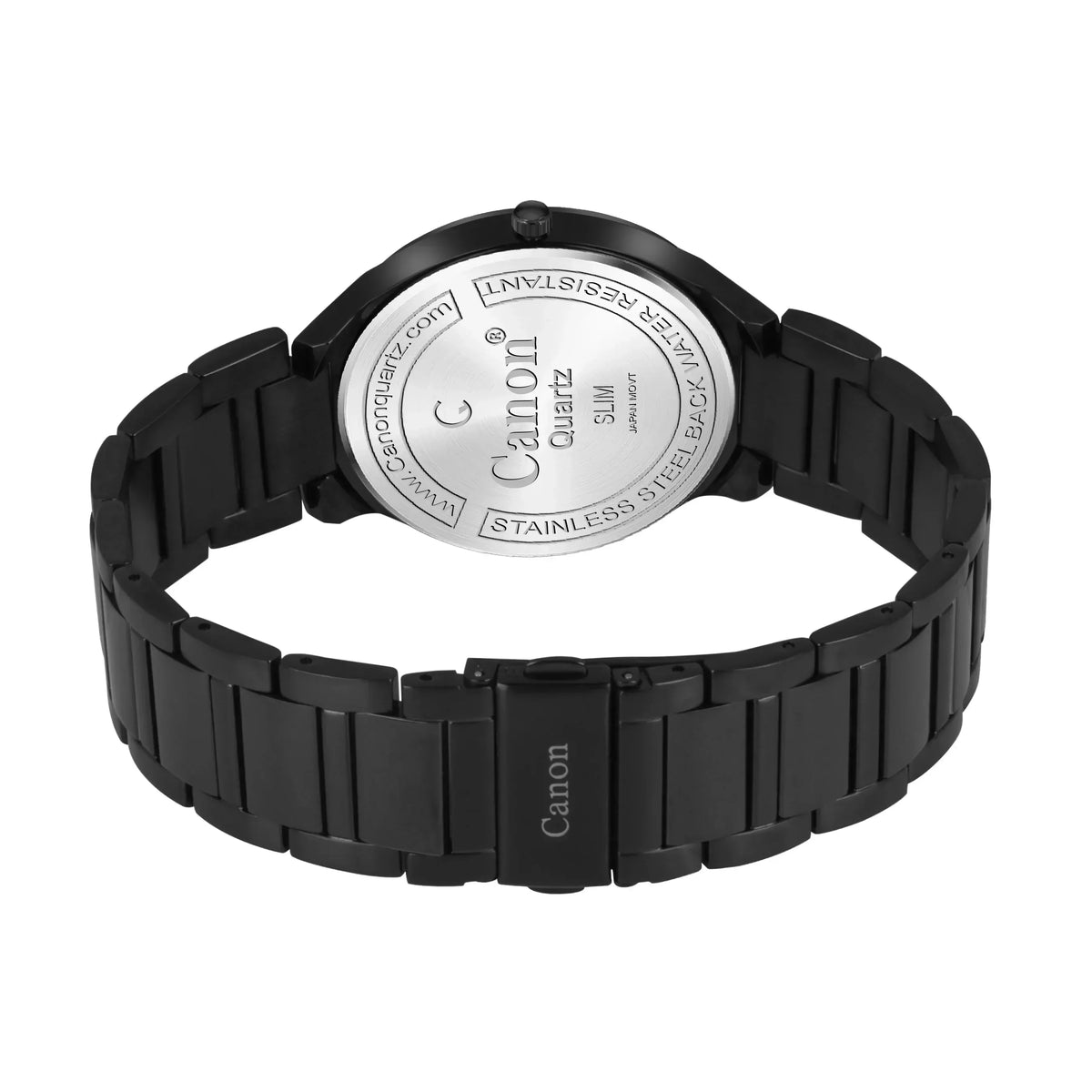 Black Canon Quartz watch with stainless steel back, water resistant, slim design, Japan movement