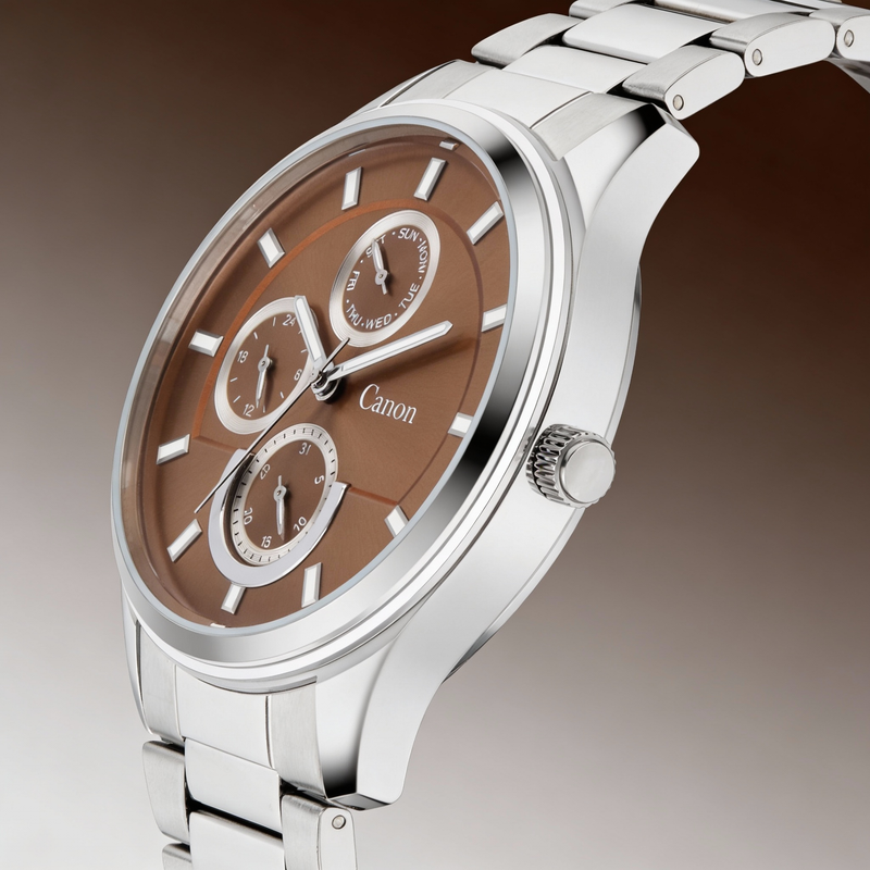 Canon analog quartz watch with brown dial and silver stainless steel strap