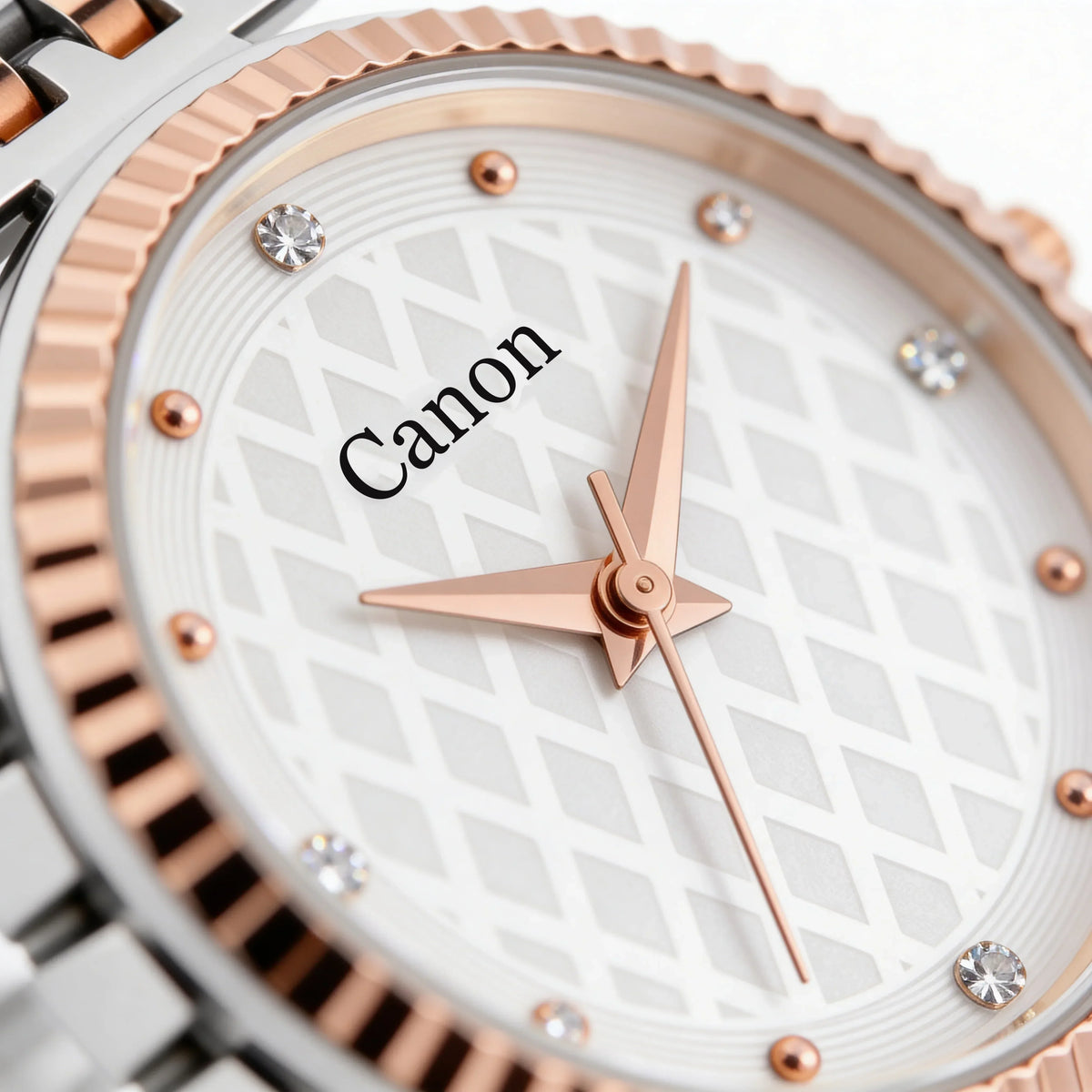 Elegant rose gold analog watch with diamond markers and textured white dial, perfect for women's fashion.