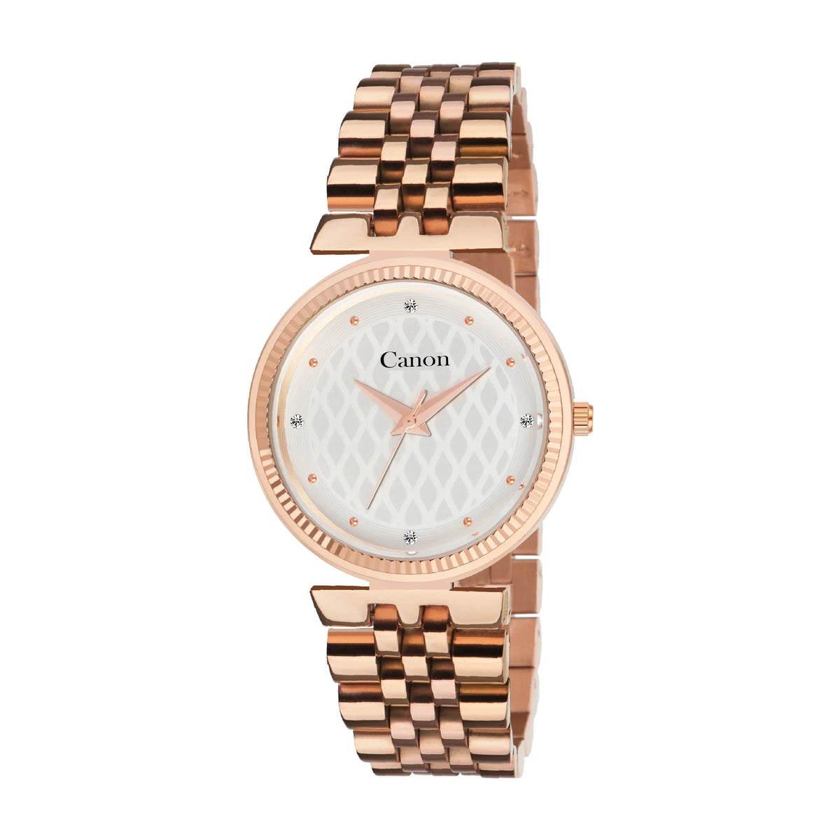 Rose gold analog wristwatch with patterned white dial and metal link bracelet