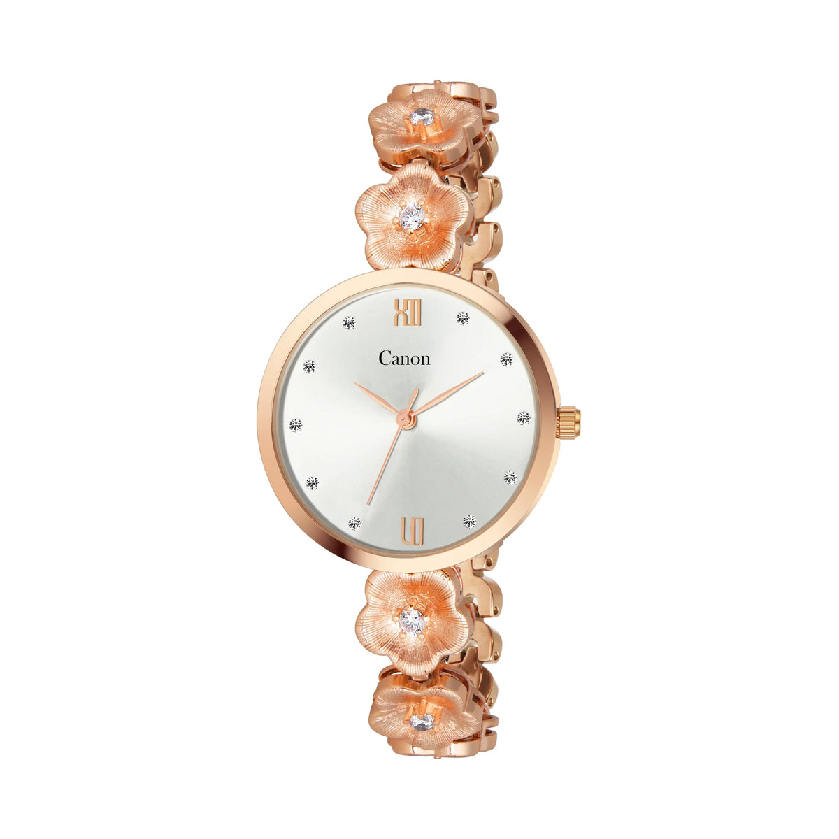 Rose gold floral ladies analog watch with crystal accents and silver dial
