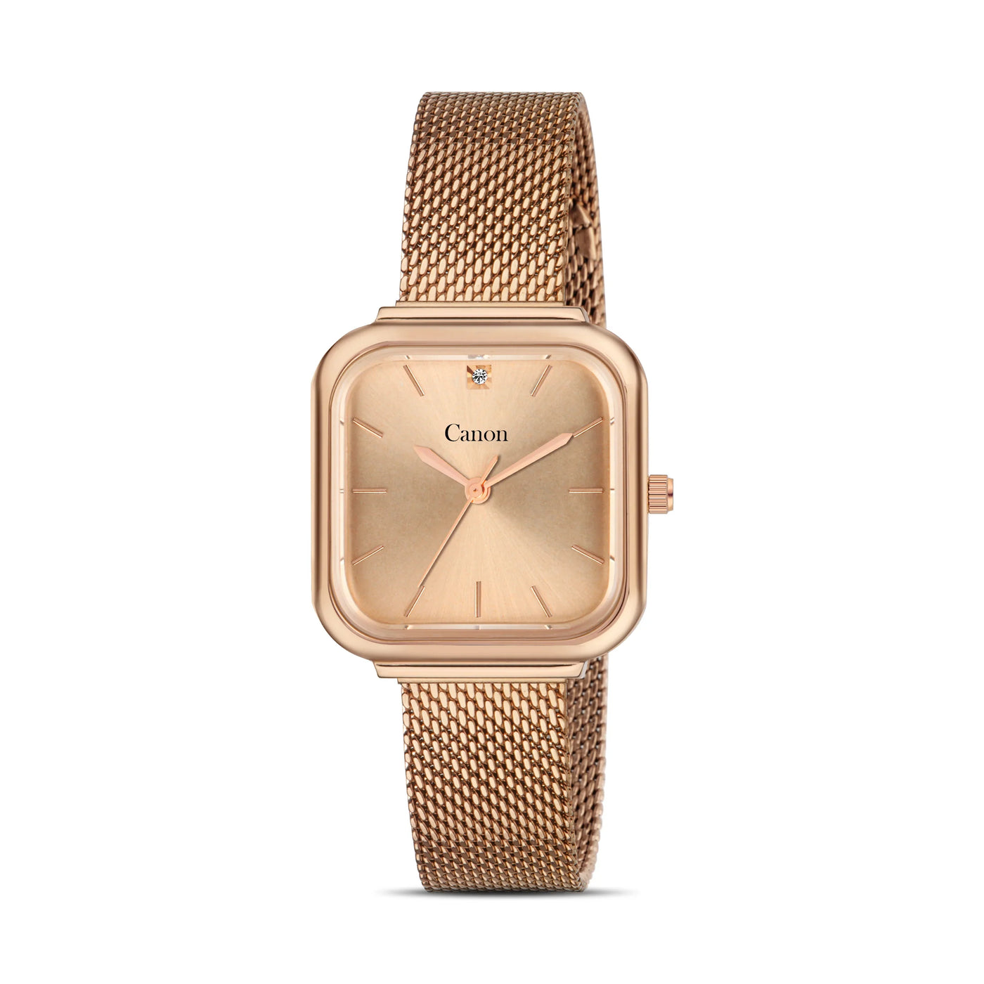 Rose gold square wristwatch with mesh band and minimalist dial marked Canon