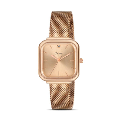 Rose gold square wristwatch with mesh band and minimalist dial marked Canon