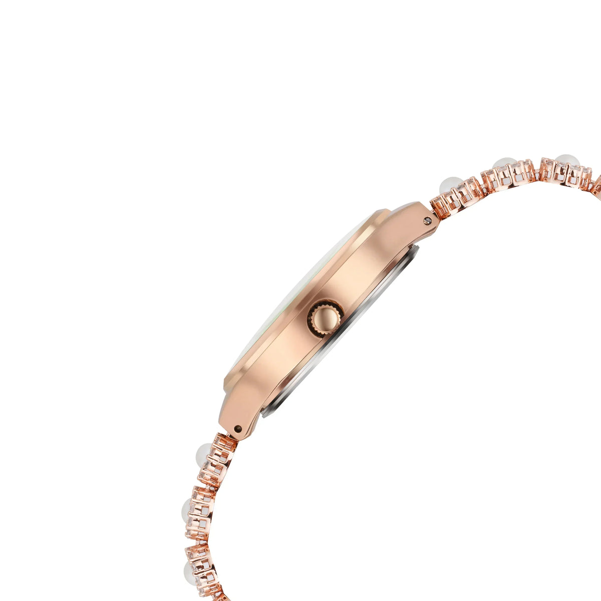 Rose gold analog quartz watch with crystal-accented link bracelet, side view