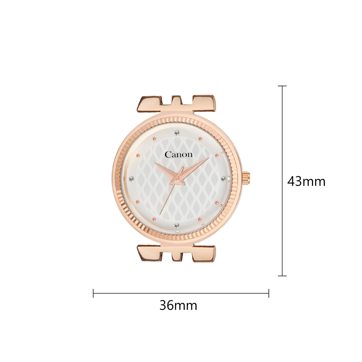Rose gold analog watch face with patterned white dial, 36mm width and 43mm height