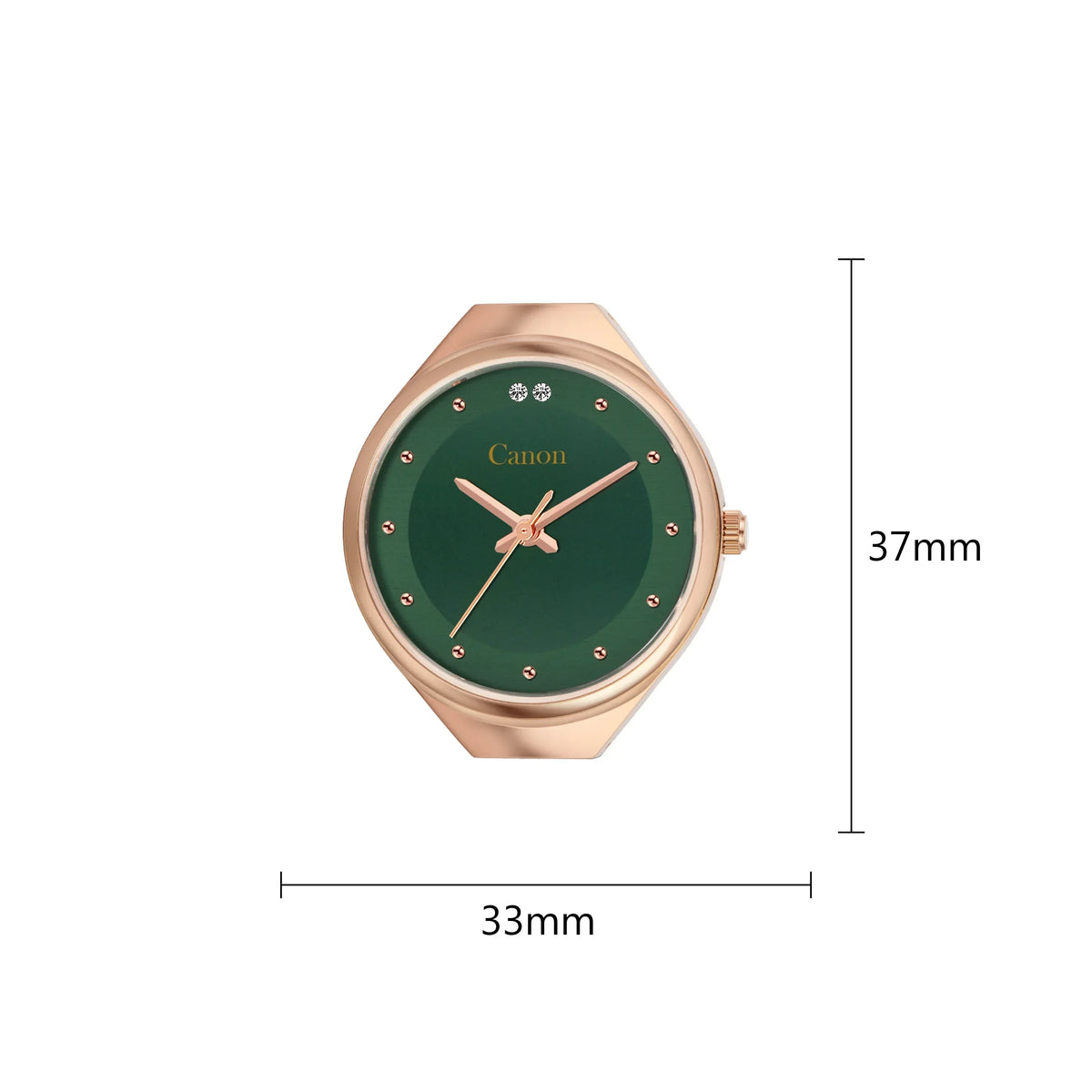 Elegant green dial analog watch with rose gold case, 37mm height, 33mm width, featuring diamond markers and Canon branding.