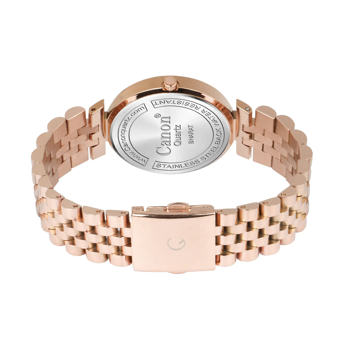 Rose gold analog watch with stainless steel back and clasp, luxury men's accessory
