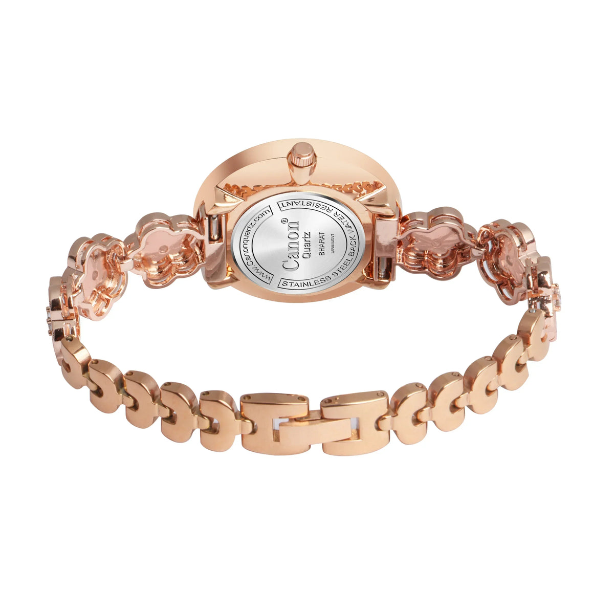 Rose gold analog watch with stainless steel back and decorative chain link band