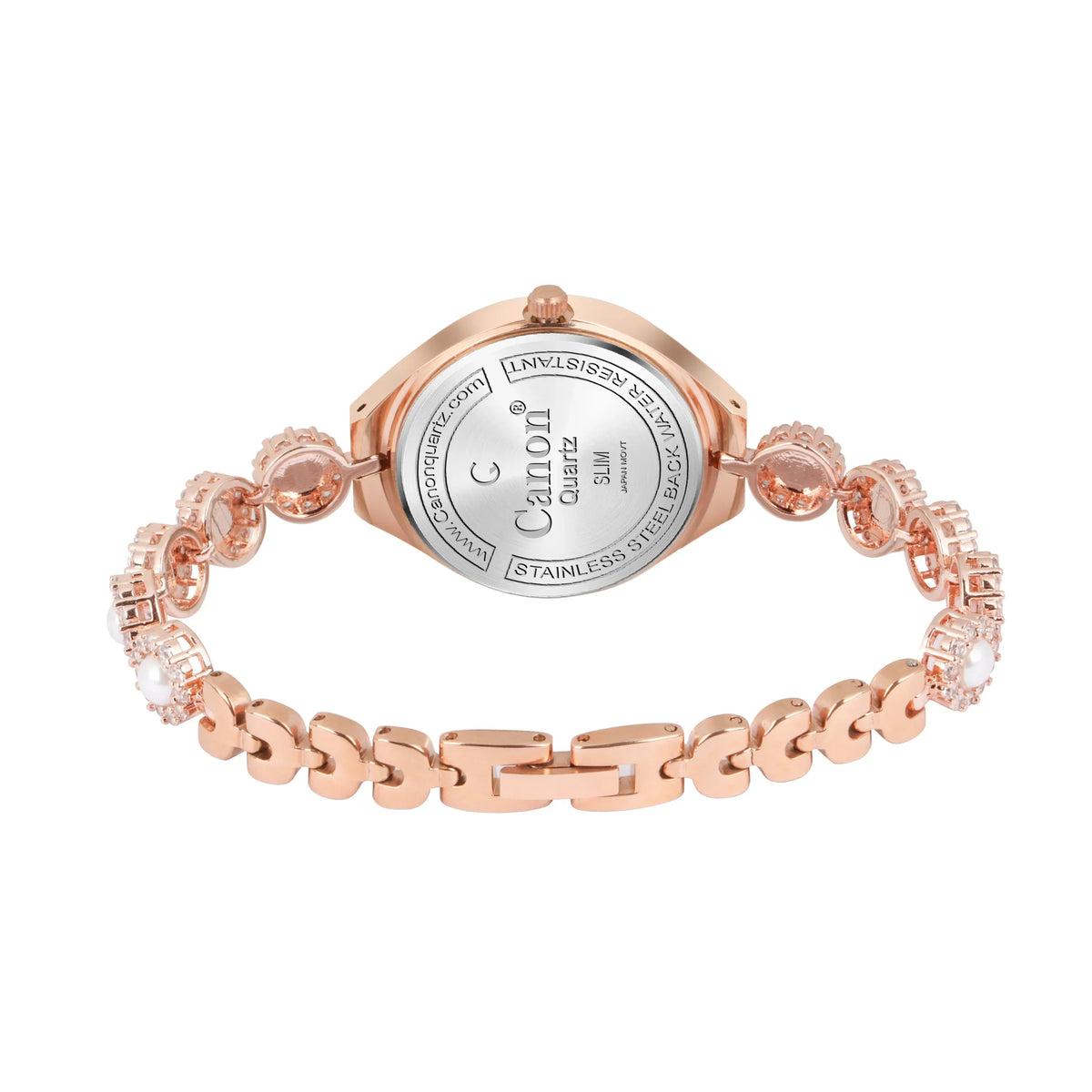 Rose gold analog quartz watch with pearl accents and stainless steel back, water-resistant design