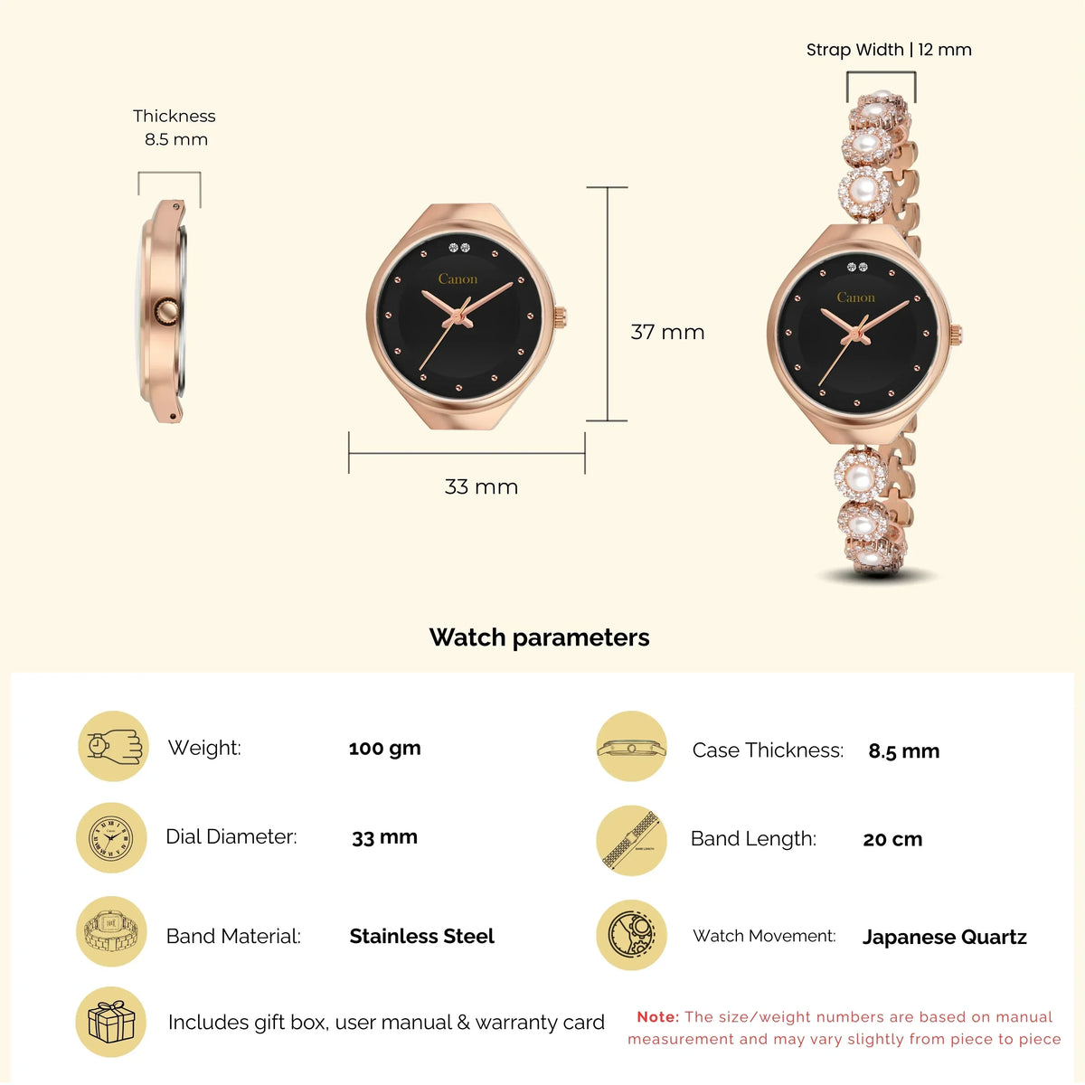 Rose gold women's analog watch with black dial, pearl & crystal strap, 33mm case, Japanese quartz movement