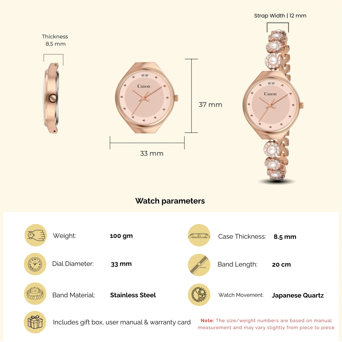 Rose gold analog watch with pearl & crystal strap, 33mm dial, Japanese quartz movement, stainless steel band