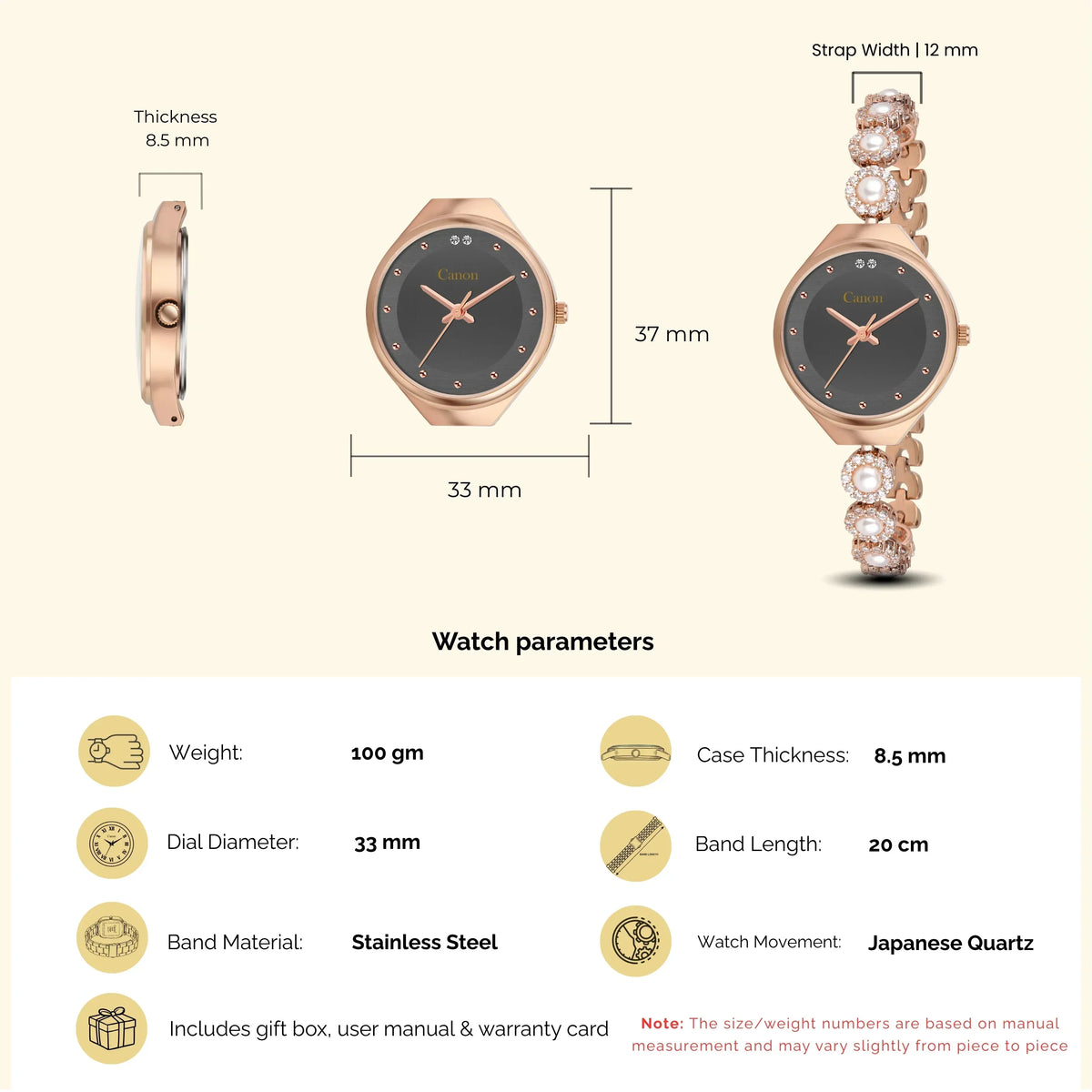 Rose gold women's analog watch with pearl & crystal strap, 33mm dial, Japanese quartz movement, stainless steel band