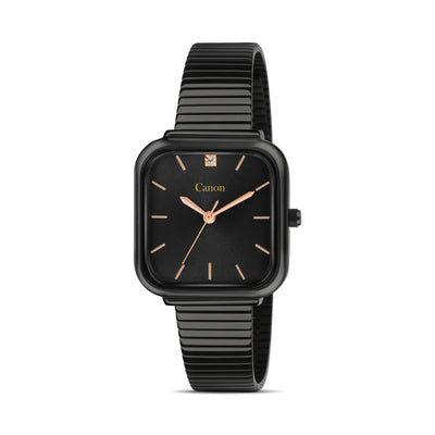 Black Canon wristwatch with square dial, rose gold hands, markers, and expandable metal band