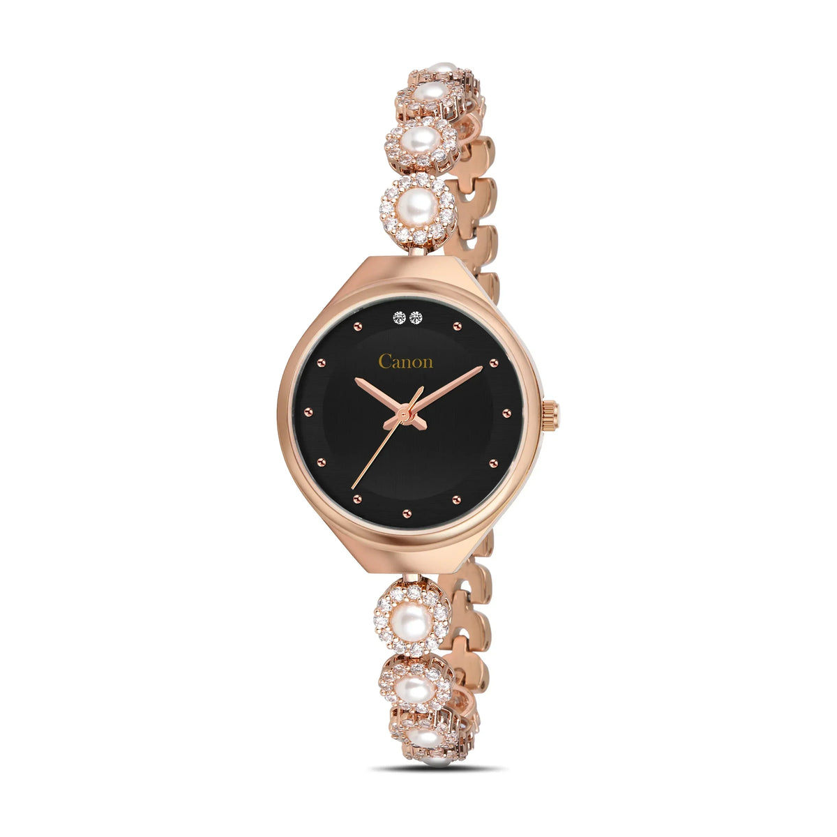 Elegant rose gold watch with black dial, pearl & crystal accents, analog quartz design for women