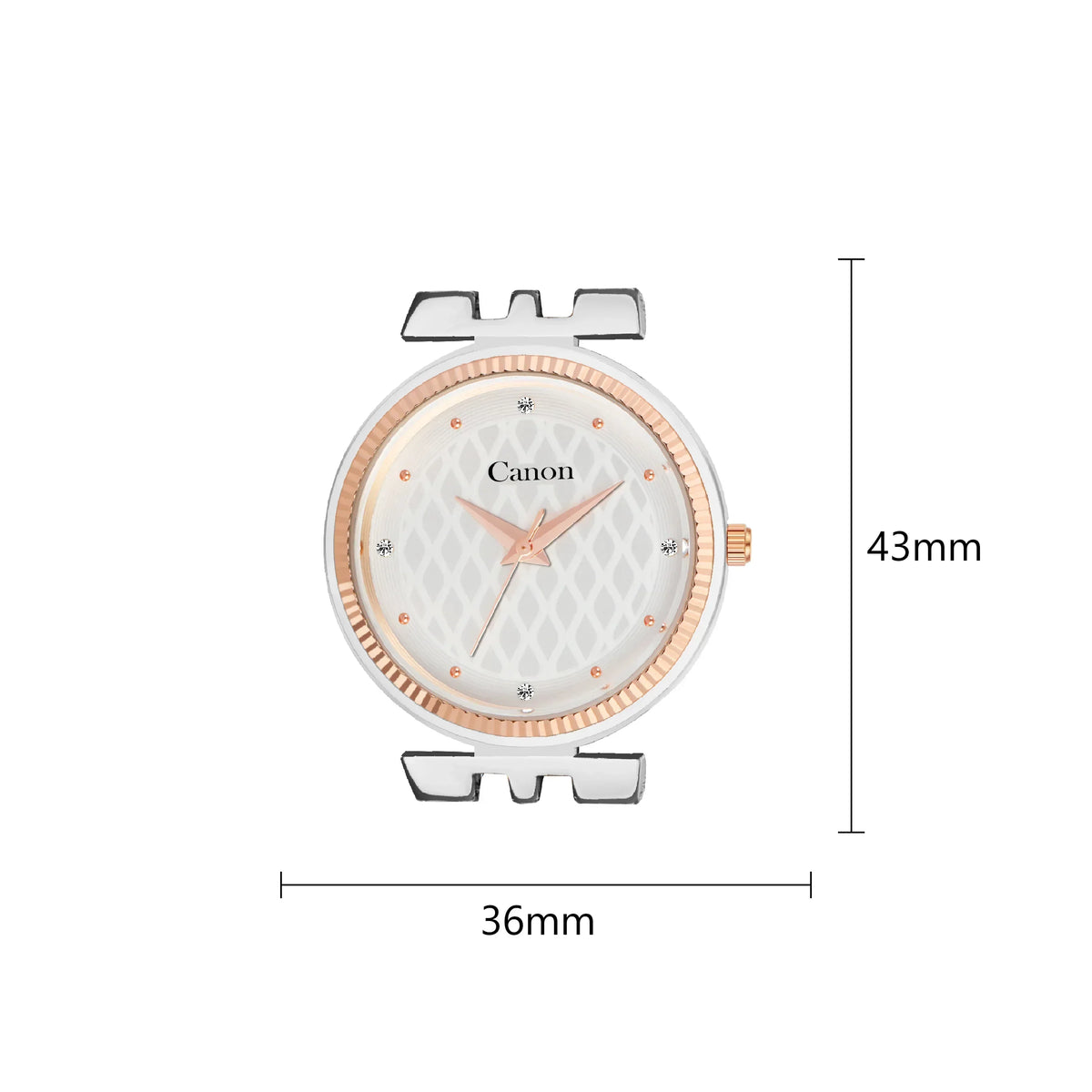 Rose gold analog watch dial with diamond markers, white patterned face, 36mm by 43mm size