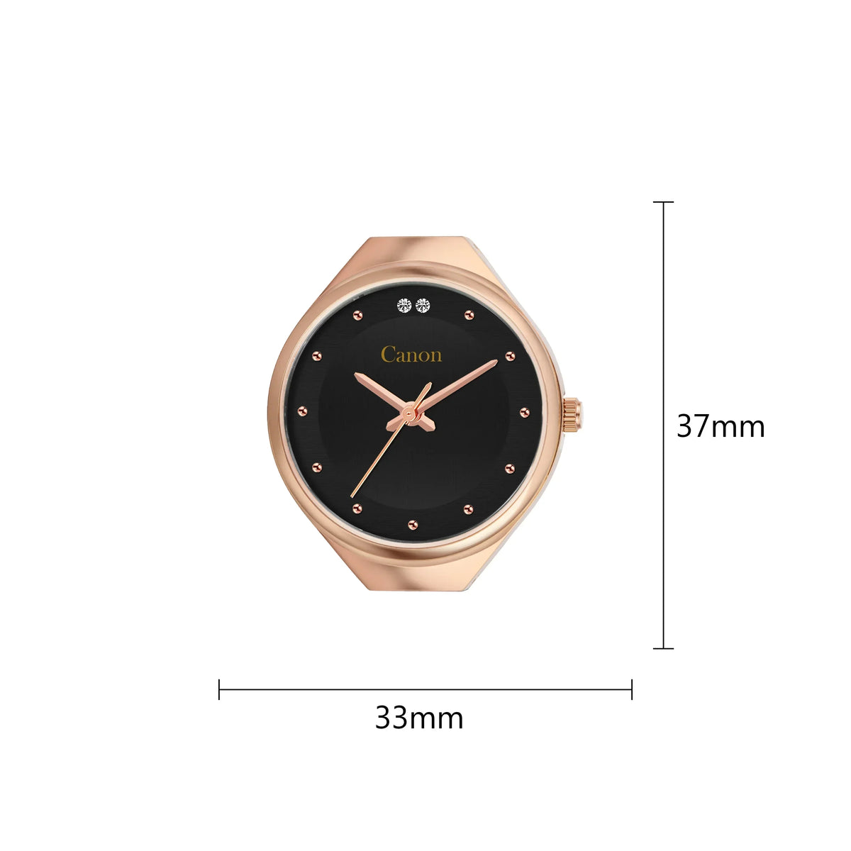 Rose gold analog watch with black dial, diamond markers, 37mm case, Canon branding